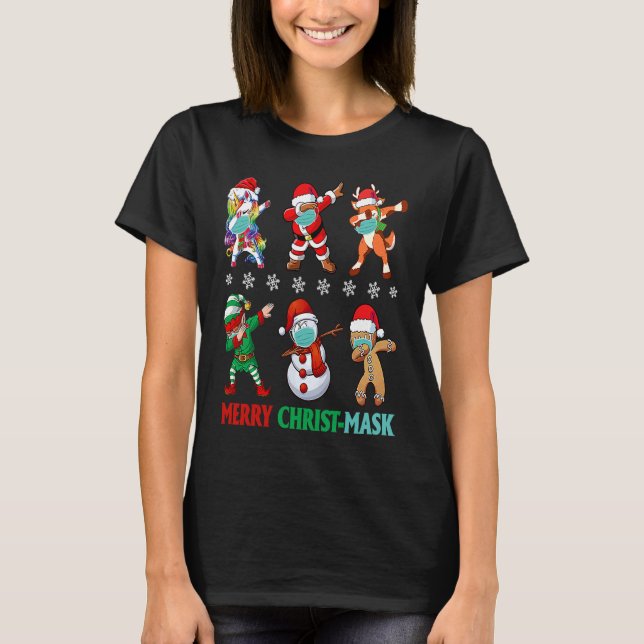 Camiseta Bater Papais noeis Elf Amigos Máscara de Cristo Fe (Frente)