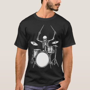 Camiseta Baterista de Rock N Roll Esqueleto Tocando Tambore