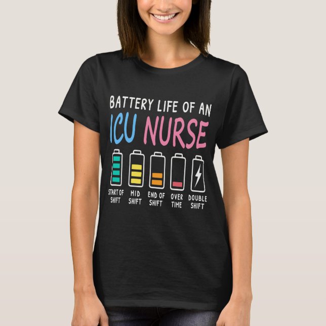 Camiseta Battery life of an ICU nurse humor chart (Frente)