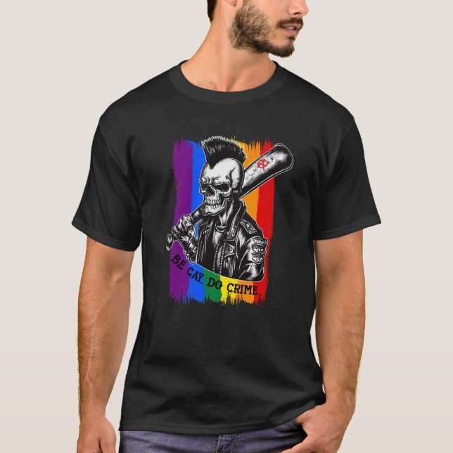 Camiseta BE GAY DO CRIME Skull Queercore Rainbow (Frente)
