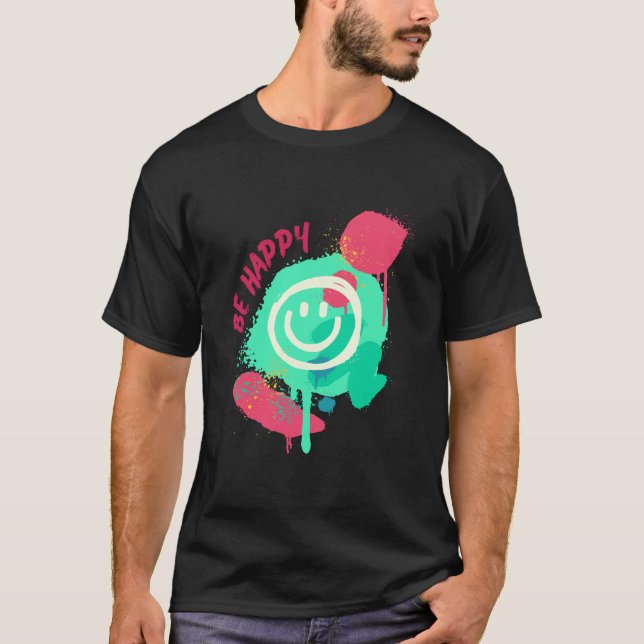 Camiseta Be Happy Smiley Mint & Pink Graffiti Street Art (Frente)