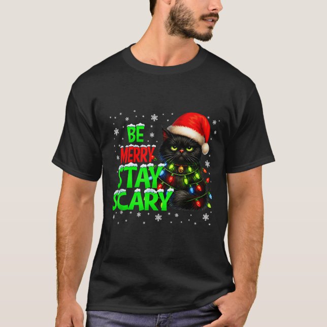 Camiseta Be Merry Stay Y Black Cat Funny Halloween Christma (Frente)