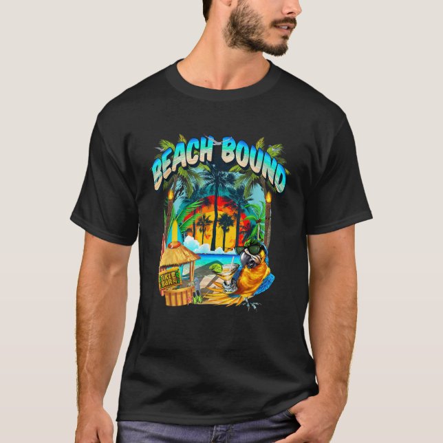 Camiseta Beach Bound Fun Summer Tiki Hut e Parrot Surfing (Frente)