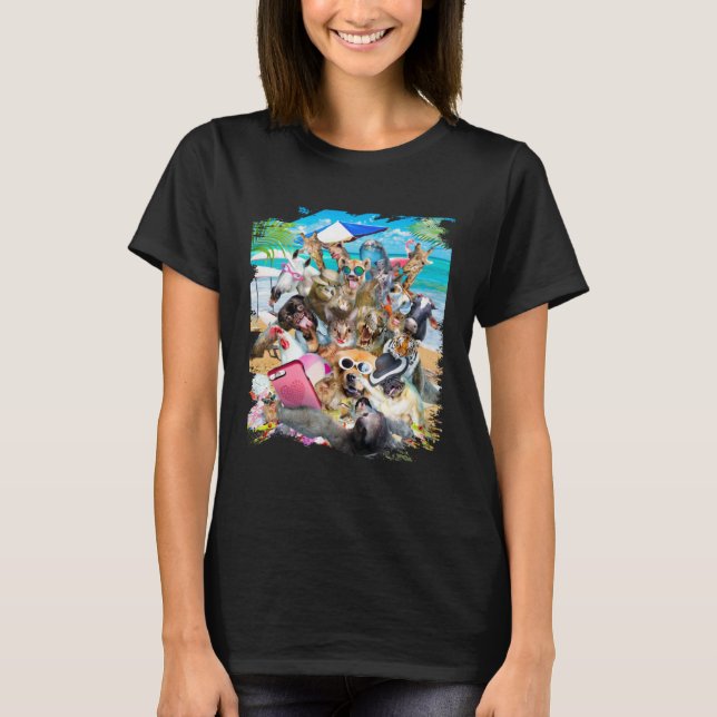 Camiseta Beach Group Selfie Sloth Pug Cat Chicken Dog Unico (Frente)