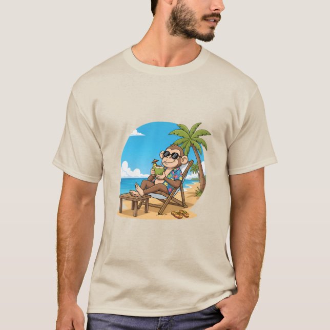 Camiseta Beach Monkey Coconut Funny Cartoon Mens Summer (Frente)
