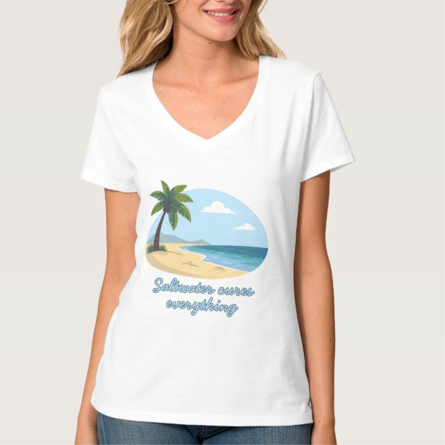 Camiseta Beach Scene T-Shirt: Saltwater Cures Everything (Frente)