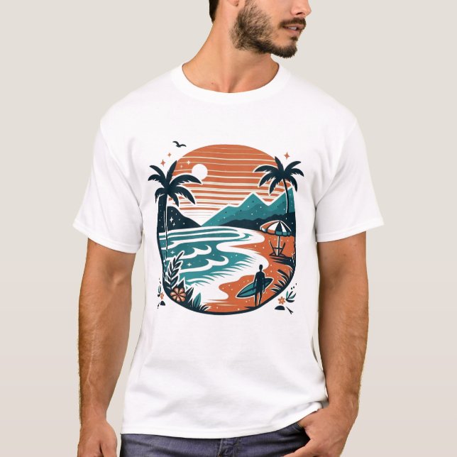 Camiseta Beach Surf Retro Sunset & Palm Trees (Frente)