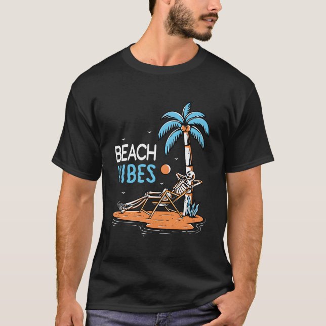 Camiseta Beach Vibes Ocean Wave Skeleton E Palm Trees (Frente)