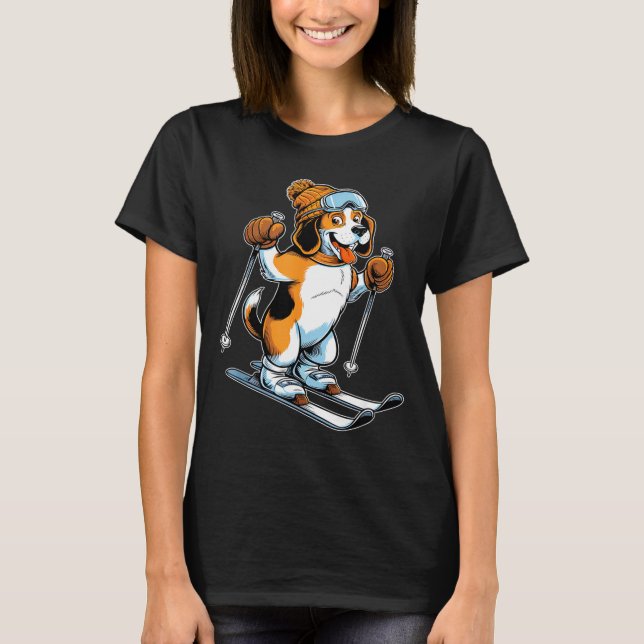 Camiseta Beagle brincalhão de inverno com esqui  (Frente)