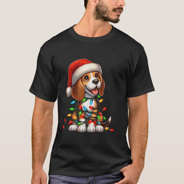 Camiseta Beagle Christmas Lights Santa Hat Garotas (Frente)