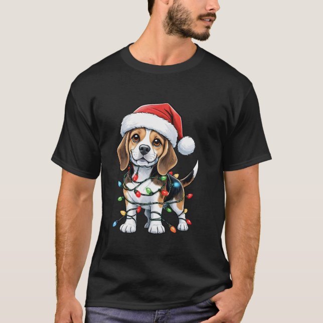 Camiseta Beagle Christmas Lights Santa Hat Garotas (Frente)