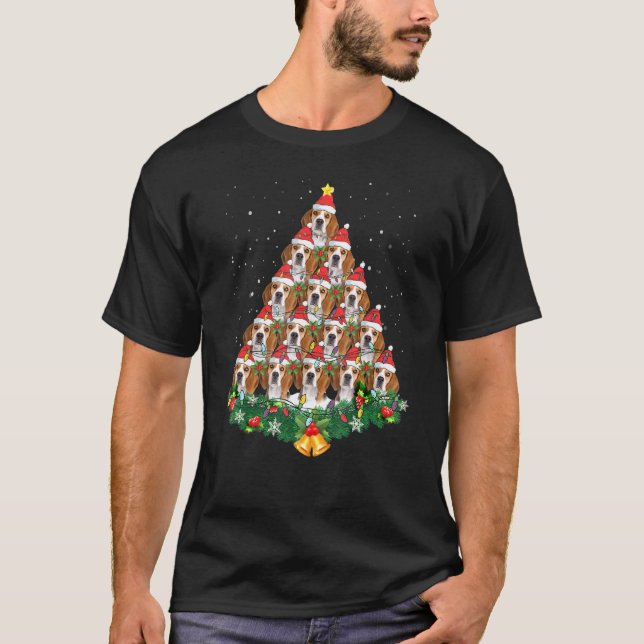 Camiseta Beagle Dog Árvore de Natal Luz Santa Hat Gráfico (Frente)