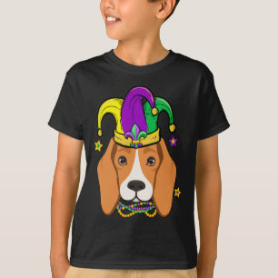 Camiseta Beagle Face Vestindo Mardi Gras Miçanga Jester Hat