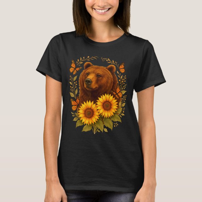 Camiseta Bear Butterfly Nature Rustic Sunflower Monarch Art (Frente)