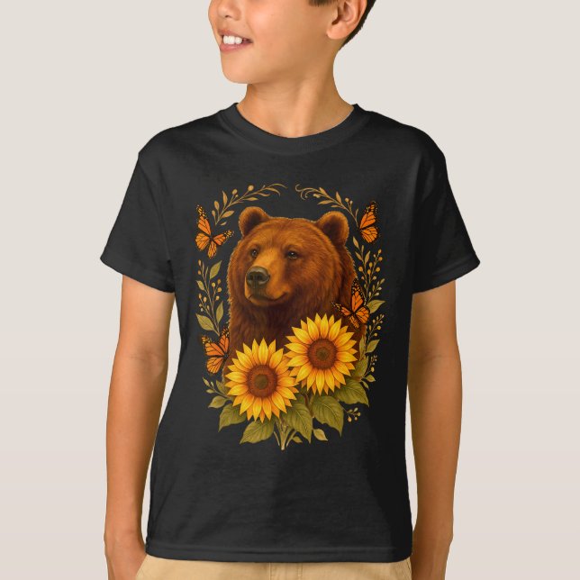 Camiseta Bear Butterfly Nature Rustic Sunflower Monarch Art (Frente)