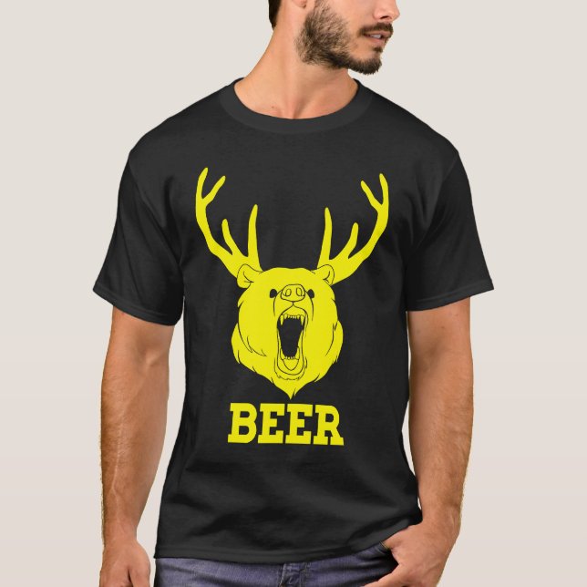 Camiseta Bear Deer Antlers Funny Craft Beer Retro Graphic T (Frente)