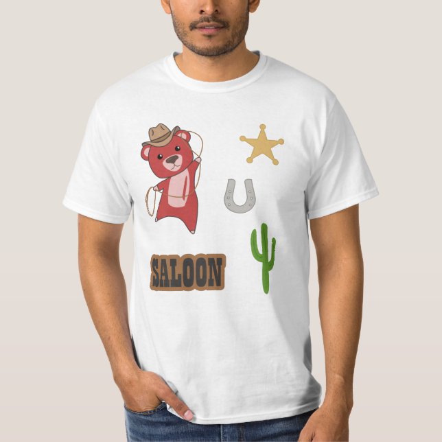 Camiseta Bear Red Cowboy Western Saloon Sticker (Frente)