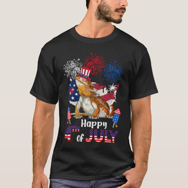 Camiseta Bearded Dragon American Flag Fireworks Happy 4th o (Frente)
