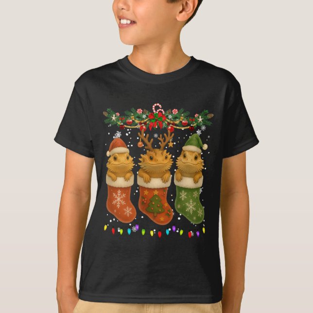 Camiseta Bearded Dragon In Christmas Socks Lights Bearded D (Frente)