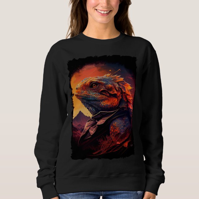 Camiseta Bearded Dragon mountains sunset lizard retro 70s v (Frente)