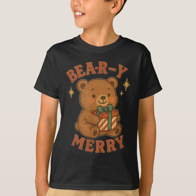 Camiseta Beary Merry Cute Retro Christmas Bear Gift Box Vin (Frente)