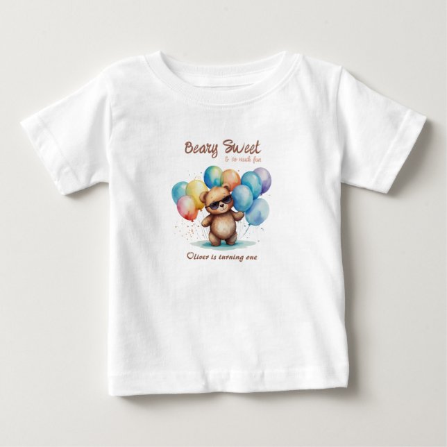 Camiseta Beary Sweet Teddy Ursinho vestindo óculos e balão (Frente)
