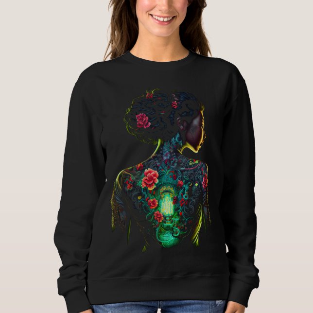 Camiseta Beautiful Black Woman Geisha Tattoos Flowers Melan (Frente)