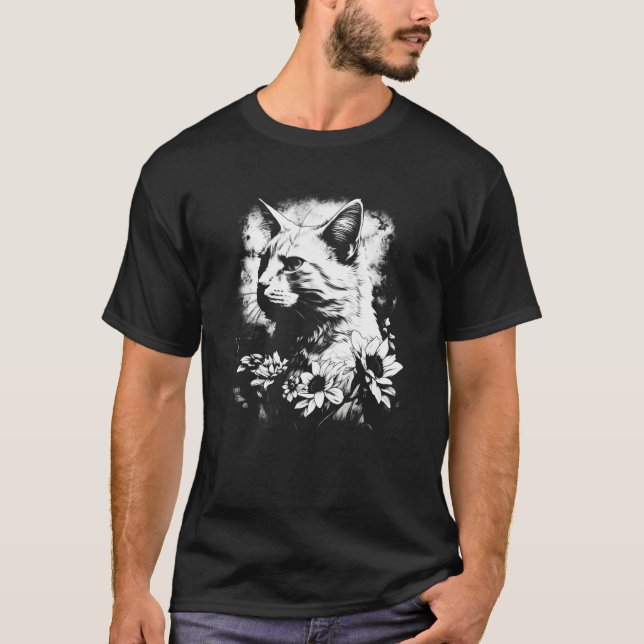 Camiseta beautiful cat and sunflower silhouette portrait  w (Frente)