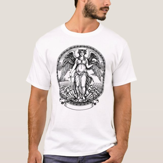 Camiseta Beautiful Greek winged Angel with sword and skul (Frente)