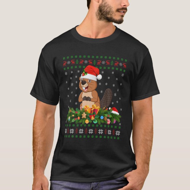 Camiseta Beaver Amante de os animais Santa Hat Ugly Beaver  (Frente)