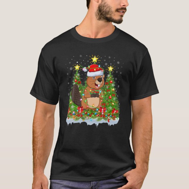 Camiseta Beaver Lighting Xmas Tree Lover Engraçado Beaver C (Frente)