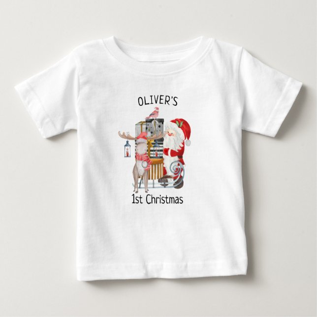 Camiseta Bebê 1rua Papais noeis de Natal e Reindeer com Sle (Frente)