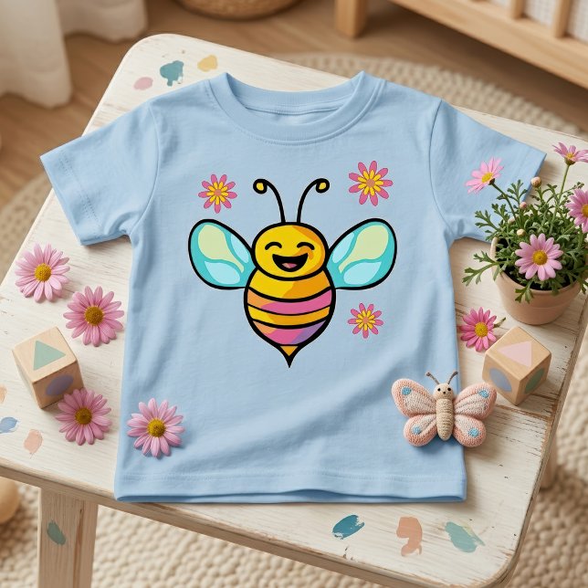 Camiseta Bebê Abelha Kawaii Sorridente Feliz com Flores Fof (Happy Smiling Kawaii Baby Bee with Cute Flowers. Baby Basic Blue T-Shirt)