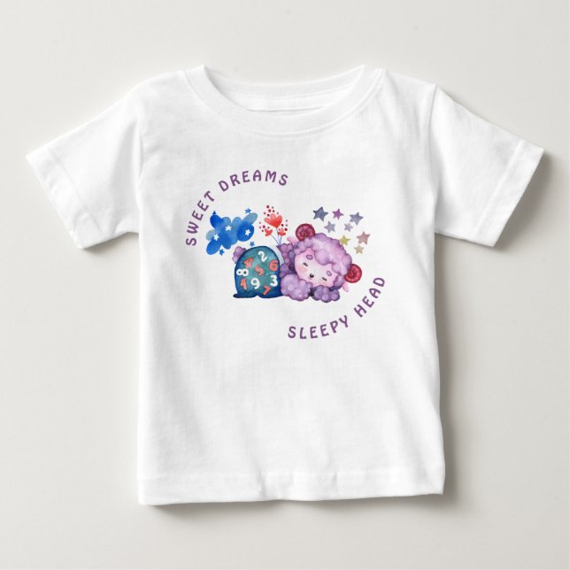 Camiseta Bebê adorável cordeiro Sonhos doces Cabeça sonolen (Frente)