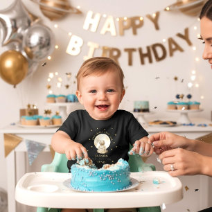 Camiseta Bebê Astronauta Primeiro Aniversário Lua Estrelas 