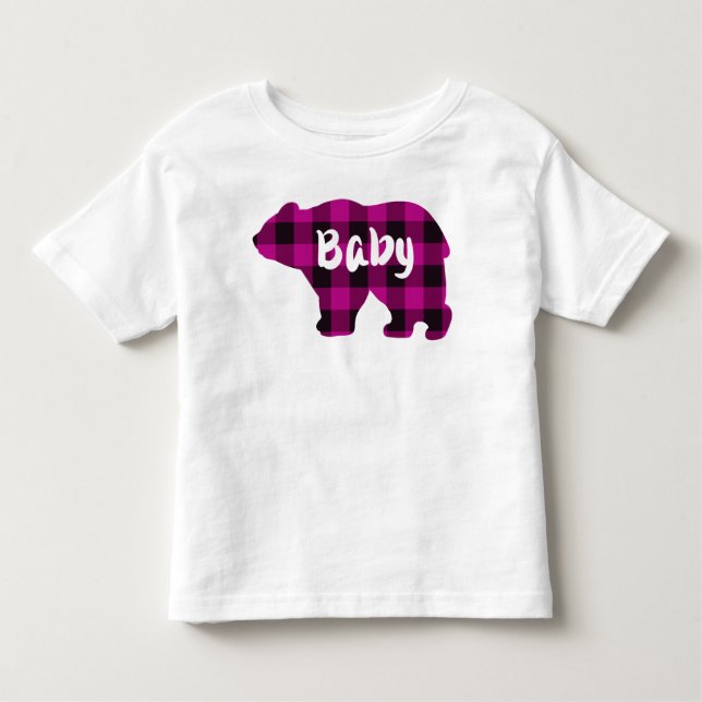 Camiseta Bebê Bear Bear Rosa e xadrez Negra (Frente)