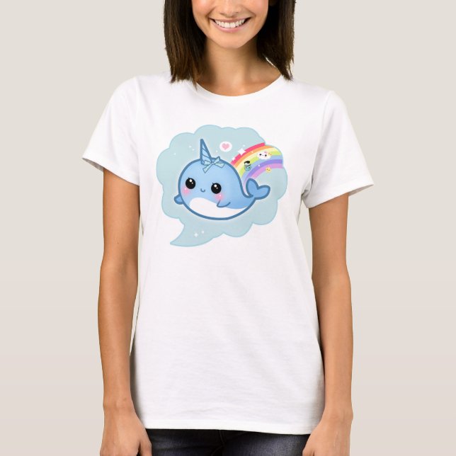 Camiseta Bebê bonito do kawaii narwhal com arco-íris (Frente)