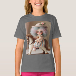 Camiseta Bebê bonito em um cavalo de madeira