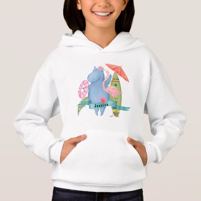 Camiseta Bebê Bonito Hippo com Nome Personalizado Flamingo (Frente)