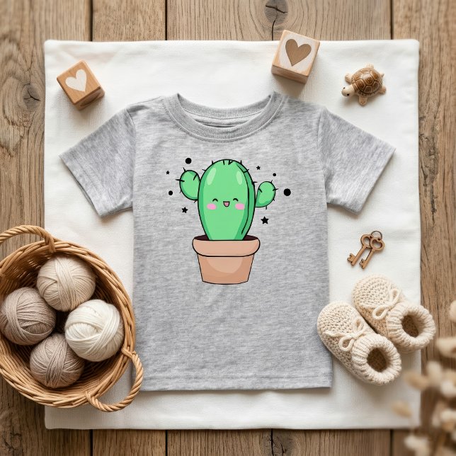Camiseta Bebê Cacto Kawaii sorrindo em vaso com estrelas (Cute smiling Kawaii Baby Cactus in vase with stars. Baby Basic Grey T-Shirt)