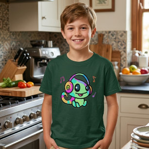 Camiseta Bebê Camaleão Kawaii Sorridente Com Fones de Ouvid