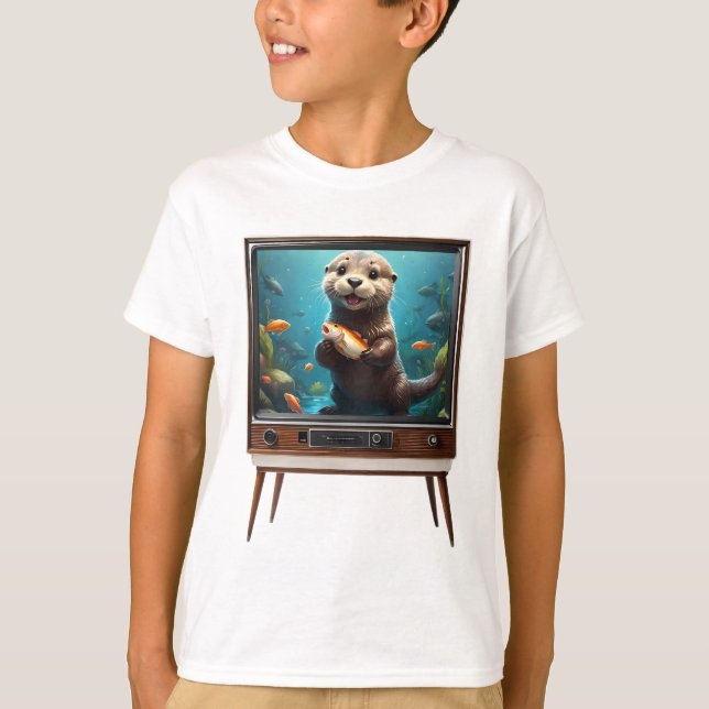 Camiseta Bebê Com Peixe Na Televisão Analógica, (Frente)