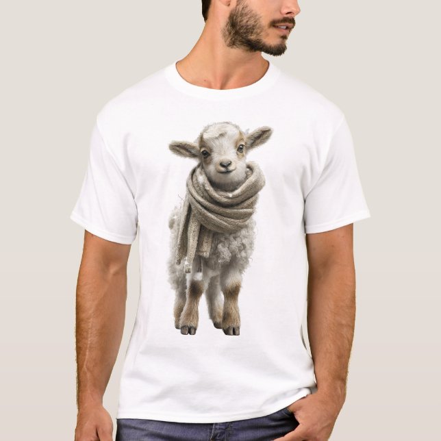 Camiseta Bebê Cordeiro Adorável em Cachecol de Tricô Grosso (Frente)