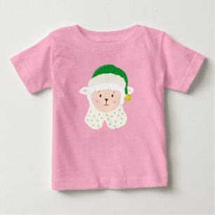 Camiseta Bebê Cordeiro de Natal Vestindo Chapéu de Elfo