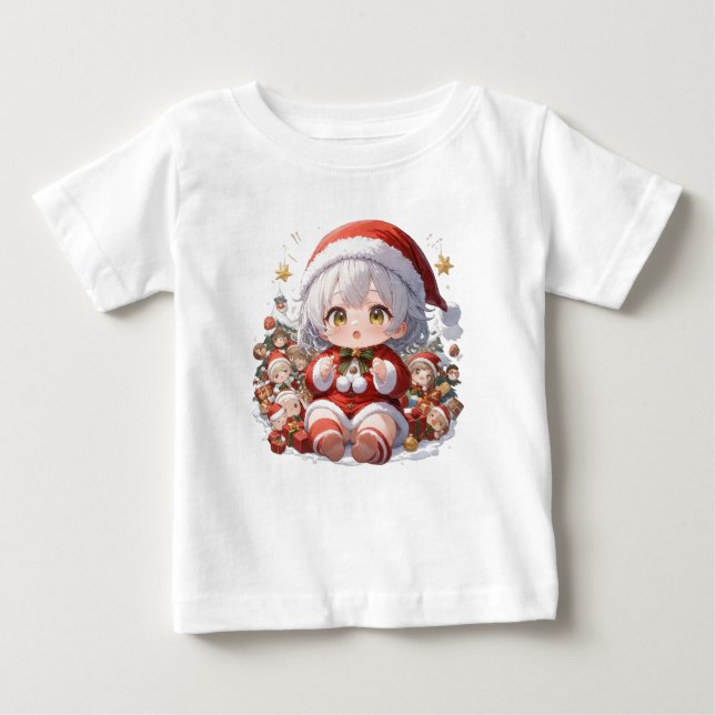 Camiseta Bebê de Natal Fofo Papai Noel Chibi (Frente)