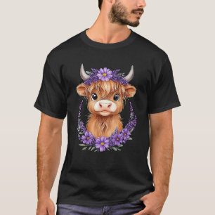 Camiseta Bebê De Vaca Do Terreno Escocês Com Flores Roxas L