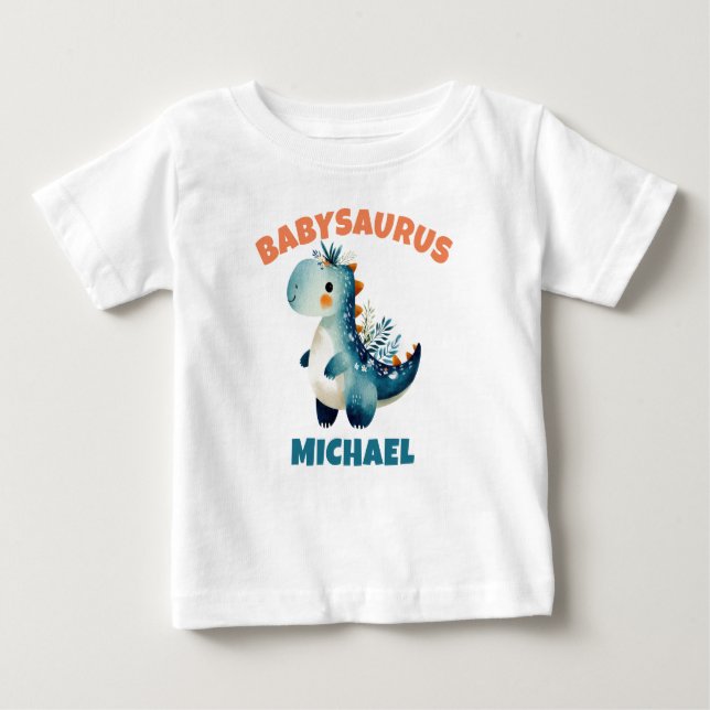 Camiseta Bebê Dinossauro Dino Fofa Água-marinha em Aquarela (Frente)