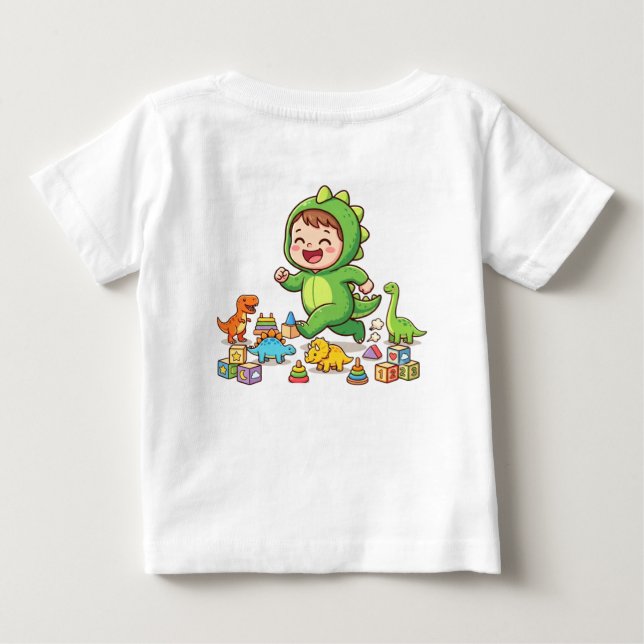 Camiseta Bebê Dinossauro Fofo Aprendendo com Blocos de Alfa (Verso)