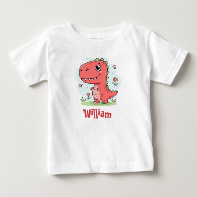 Camiseta Bebê Dinossauro Vermelho Fofo (Frente)