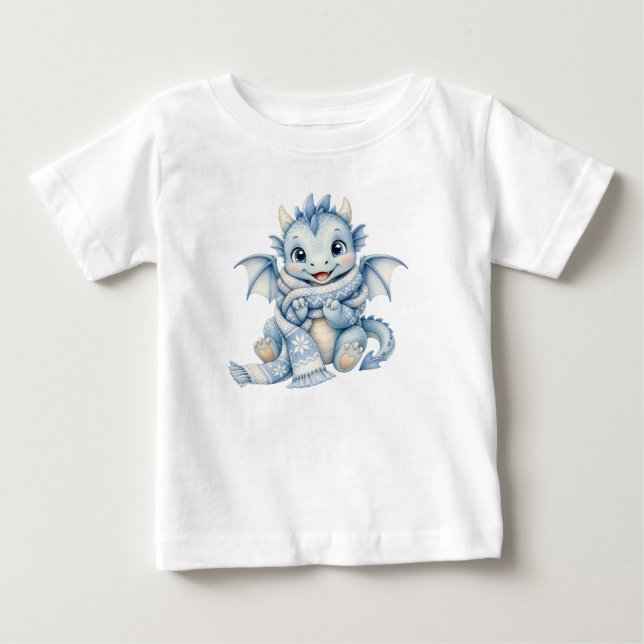 Camiseta Bebê Dragão de Inverno Fofo com Cachecol Aconchega (Frente)